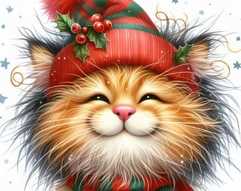 かわいいクリスマス猫：クリップアート10高解像度水彩JPGジャンク