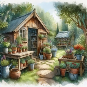 Rustic Garden Shed Clip Art 10 High Res Watercolor Jpgs for Junk