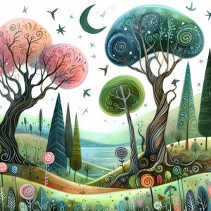 Grillige bomen clip art bundel 10 high-res aquarel jpg's ongewenste journaling, scrapbooking, kaarten maken, digitale kit eigenzinnige bomen, fantasie
