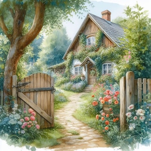 Summer Cottage 10 fichiers JPG aquarelle haute résolution pour journal indésirable, scrapbooking, fabrication de cartes, kit de téléchargement numérique, fantaisie