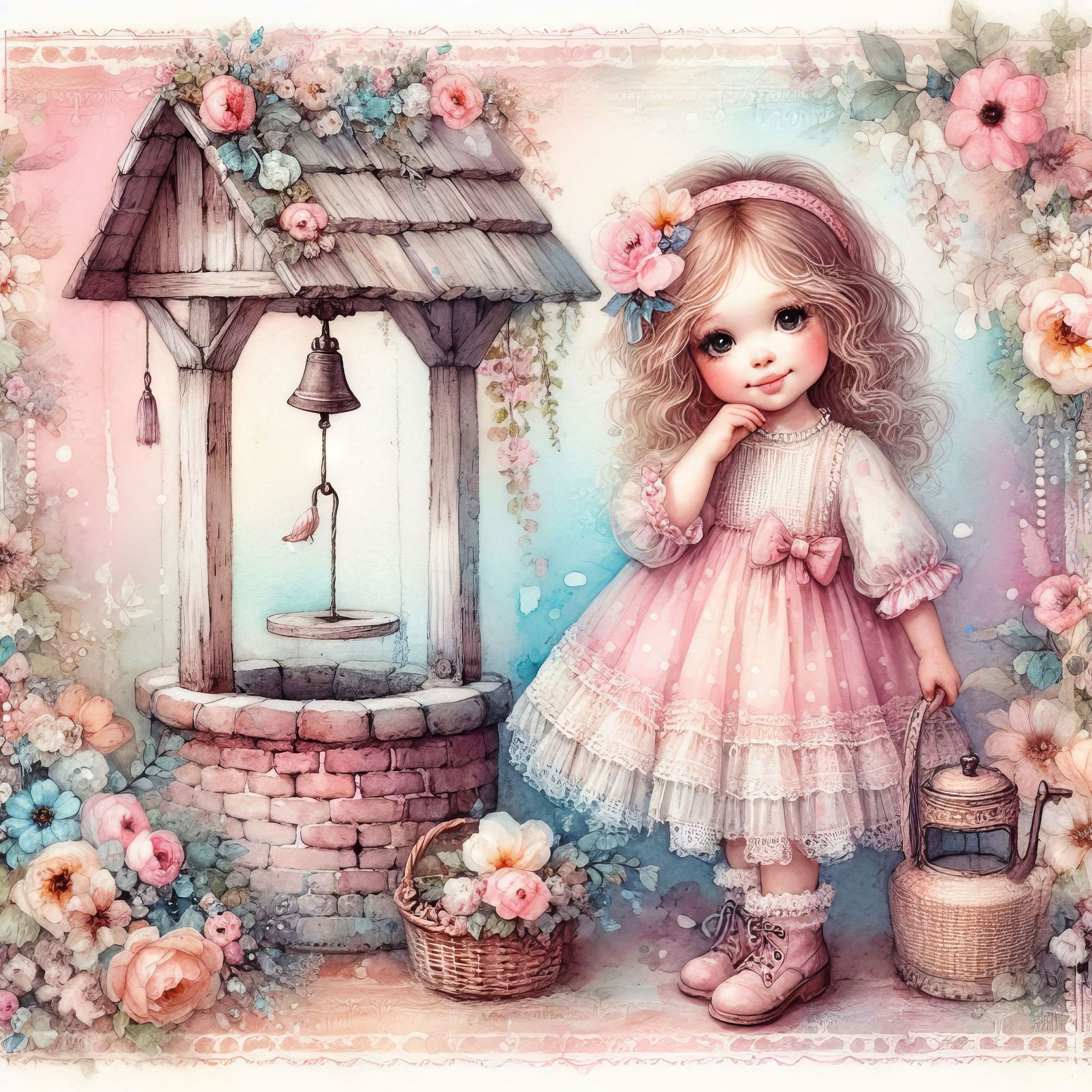 Wishing Well Clip Art 10 High Res Watercolor JPGs for Junk Journaling, Scrapbooking, Card Making, Digital Download Kit