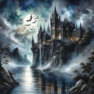 Château gothique 10 fichiers JPG aquarelle haute résolution pour la journalisation indésirable, scrapbooking, fabrication de cartes, téléchargement numérique, Halloween, fantastique