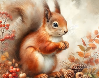 Autumn Squirrel Clip Art 10 High Res Watercolor JPGs for Junk Journaling, Scrapbooking, Card Making, Digital Download Kit