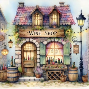 Wine Shop-illustraties 10 high-res aquarel JPGs ongewenste journaling, scrapbooking, kaarten maken, digitale download, fantasie, grillig