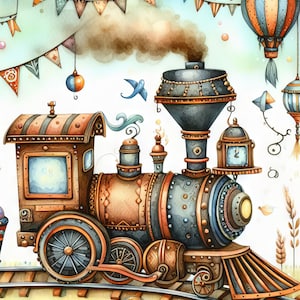 Paquete de imágenes prediseñadas de trenes caprichosos: 10 archivos JPG de acuarela de alta resolución para diarios basura, álbumes de recortes, manualidades con papel y fantasía de descarga digital.