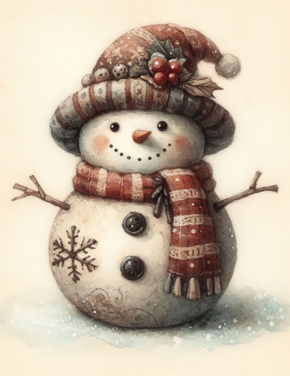 Primitive Snowman Clip Art Kit 10 High Res Watercolor Jpgs
