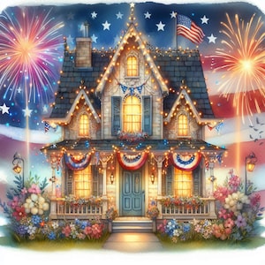 4 juillet, maison 10 haute résolution aquarelle JPGs, journal indésirable, 4 juillet, fabrication de cartes, affiches, kit de téléchargement numérique, fantastique, fantaisiste