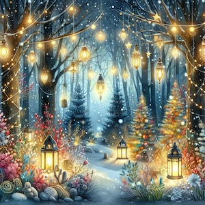 Magisch kerstbos Clip Art 10 high-res aquarel JPGs Junk Journaling Scrapbooking Kaarten maken, digitale download, grillig, fantasie