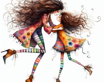 Puede incluir: Una ilustración de acuarela de dos mujeres con cabello largo y fluido, vistiendo vestidos coloridos y medias a rayas, abrazándose. Ambas llevan botas marrones y tienen un estilo caprichoso y de dibujos animados.