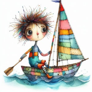 Op de afbeelding: Een grillige aquarel-illustratie van een kleurrijk patchwork-zeilboot met een persoon met wild haar die roeit met een riem. De zeilboot bevindt zich op een blauwe en witte aquarelzee.