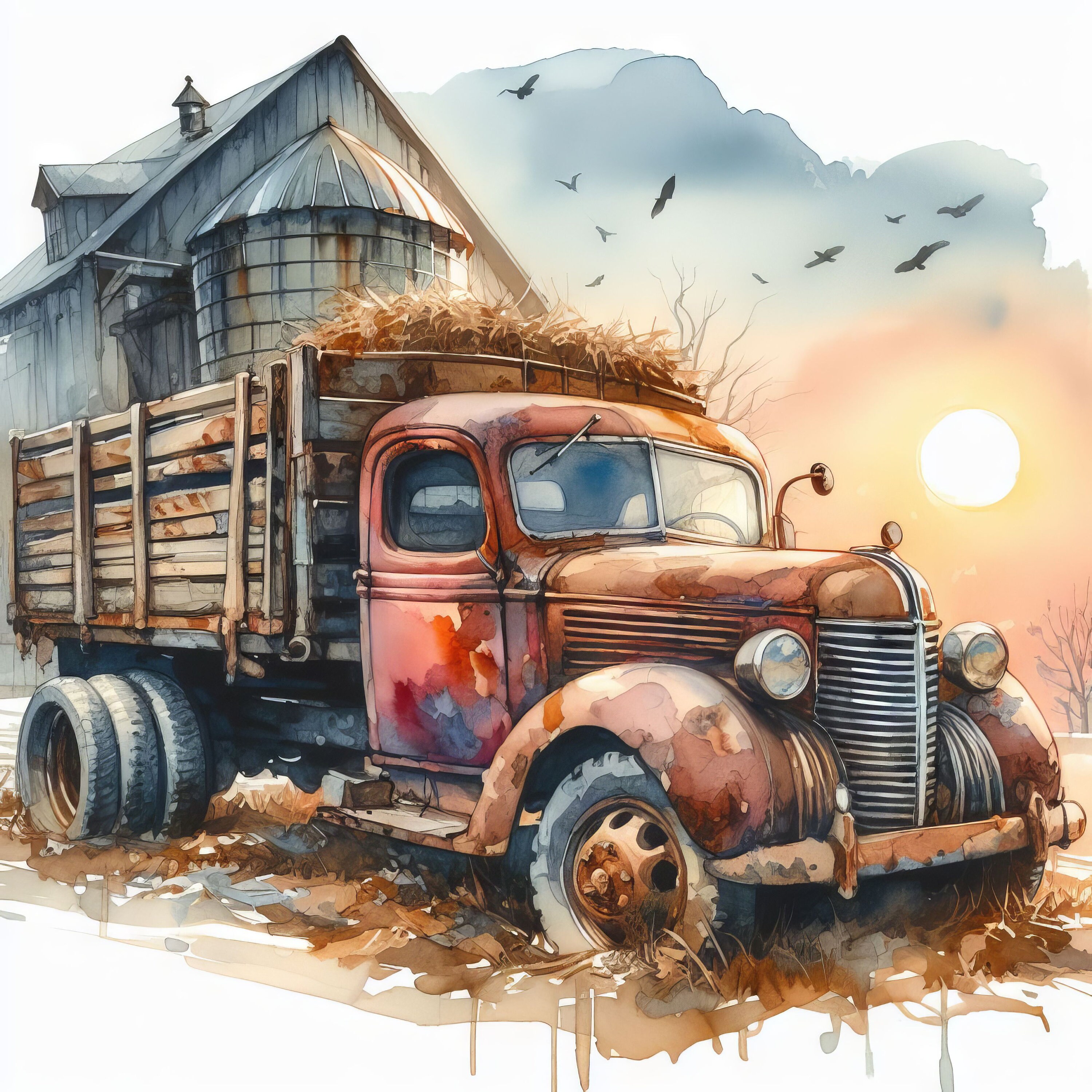 Old farm truck clip art 10 high res watercolor jpgs for junk journaling