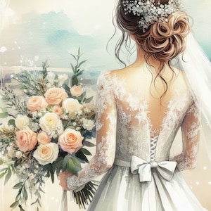 Hermoso paquete de imágenes prediseñadas de novia, 10 archivos JPG de acuarela de alta resolución para diario basura, álbum de recortes, manualidades, descarga digital, boda, novia