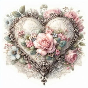 May include: A heart-shaped decorative frame with a floral arrangement. The silver frame has intricate detailing, enclosing a cream-coloured background with lace patterns. Pink roses and other flowers in shades of pink, blue, and white surround the frame.