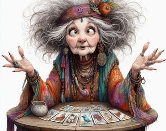 Quirky Fortune Teller: Clip Art, 10 High Res Watercolor JPGs, Junk Journaling, Scrapbooking, Card Making, Digital Art, Fantasy, Whimsical