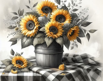 Könnte beinhalten: Ein Strauß gelber Sonnenblumen in einer grauen Metallvase auf einer schwarz-weißen karierten Tischdecke.