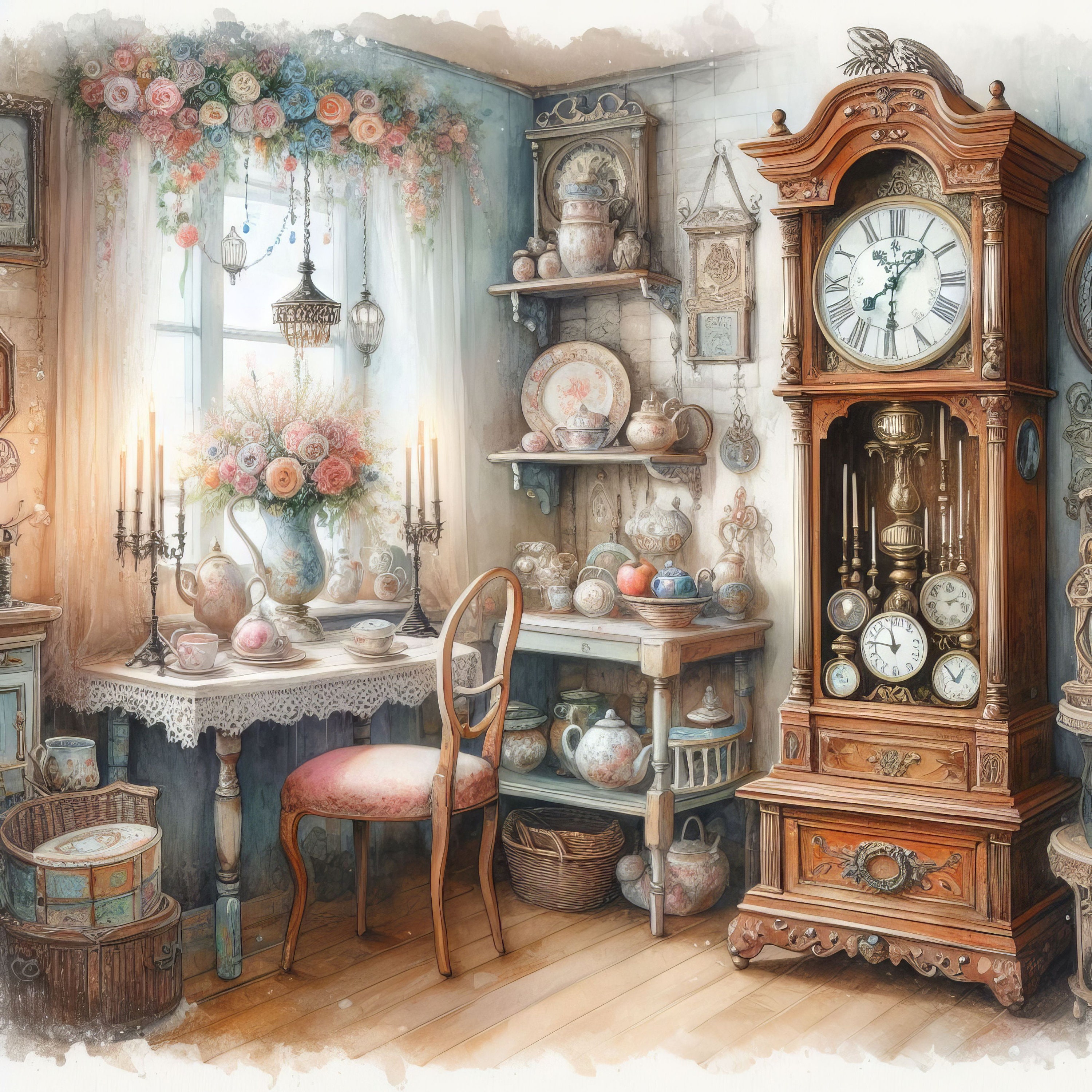Victorian Grandfather Clock: Clip Art, 10 High Res Watercolor Jpgs