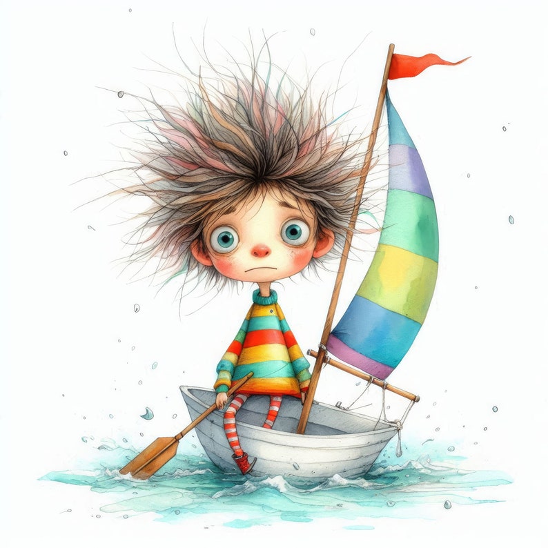 Op de afbeelding: Een aquarel-illustratie van een kind met rommelig haar dat in een kleine boot zit met een regenboogzeil. Het kind draagt een gestreept shirt en heeft een bezorgde uitdrukking op zijn gezicht.