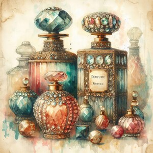May include: A collection of vintage perfume bottles with intricate details and jeweled stoppers. The bottles are made of glass and have a variety of colours, including blue, green, and red. The bottles are decorated with gold accents and have a vintage aesthetic.