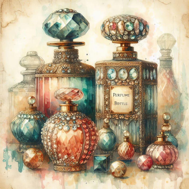 May include: A collection of vintage perfume bottles with intricate details and jeweled stoppers. The bottles are made of glass and have a variety of colours, including blue, green, and red. The bottles are decorated with gold accents and have a vintage aesthetic.