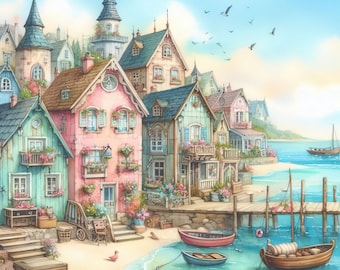 Whimsical Beach Village: 10 High Res Watercolor JPGs, Junk Journaling, Scrapbooking, Card Making, Digital Art, Fantasy