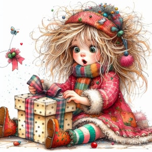 Puede incluir: Una niña joven con cabello rubio y un sombrero rojo y blanco está abriendo una caja de regalo de lunares con una cinta de cuadros rojos y blancos. Lleva un vestido de cuadros rojos y blancos con una bufanda colorida y ribete de piel blanca.