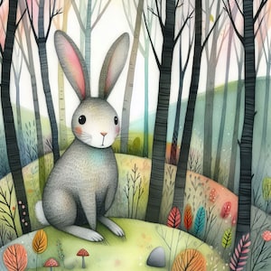 Lapin dans les bois Clip Art 10 fichiers JPG aquarelle haute résolution pour la journalisation indésirable, fantaisiste, fabrication de cartes, téléchargement numérique fantastique, fantaisiste