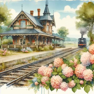Vintage Railroad Station Clip Art 10 High Res Watercolor Jpgs Junk 