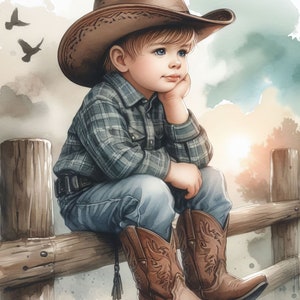 Kleine cowboy op een hek clip art bundel 10 hoge resolutie aquarel jpg's ongewenste journaling, plakboek, ambachten digitale download. Fantasie, grillig