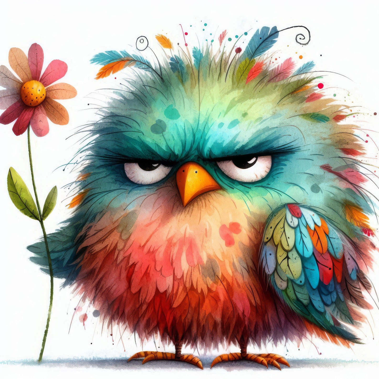 Grumpy Flower Grumpy Bird With Flower: Clip Art, 10 High Res Watercolor Jpgs, Junk ...