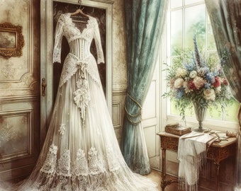 Victorian Wedding Gown Clip Art Bundle 10 High Res Watercolor JPGs for Junk Journaling, Scrapbooking, Card Making, Digital Download Kit