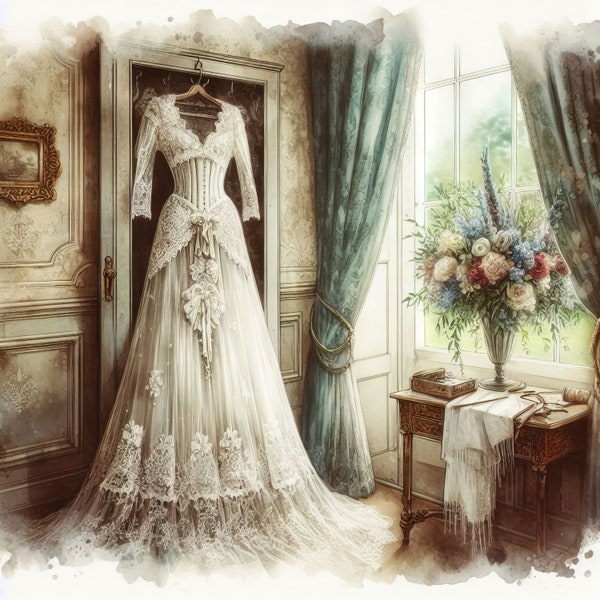 Victorian Wedding Gown Clip Art Bundle 10 High Res Watercolor JPGs for Junk Journaling, Scrapbooking, Card Making, Digital Download Kit