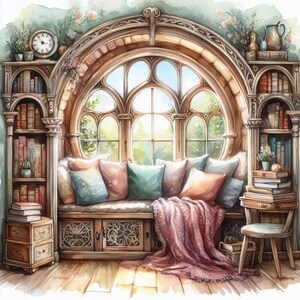 May include: A watercolor painting of a cozy window seat with a large arched window, bookshelves, and a soft throw blanket. The window has a stained glass design and looks out onto a lush green garden.