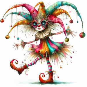 Clip art de payaso peculiar, 10 archivos JPG de acuarela de alta resolución para diario basura, álbumes de recortes, fabricación de tarjetas, kit de descarga digital, fantasía, caprichoso