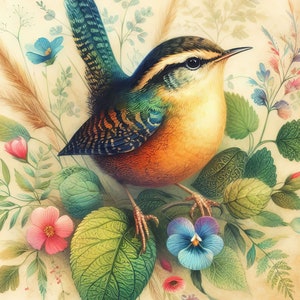 May include: A colorful bird with a yellow breast, green back, and blue and black wings perched on a branch with green leaves and purple flowers.