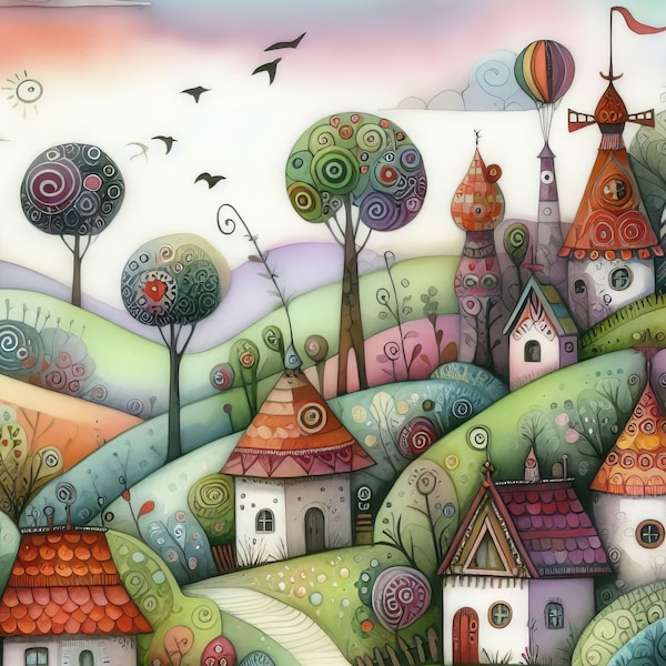 Whimsical Landscape: Clip Art, 10 High Res Watercolor JPGs, Junk Journaling, Scrapbook, Crafts, Digital Art, Fantasy