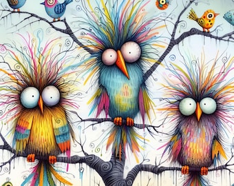 Quirky Birds in a Tree: Clip Art, 10 High Res Watercolor JPGs, Junk Journaling, Scrapbooking, Card Making, Fantasy, Whimsical, Digital Art