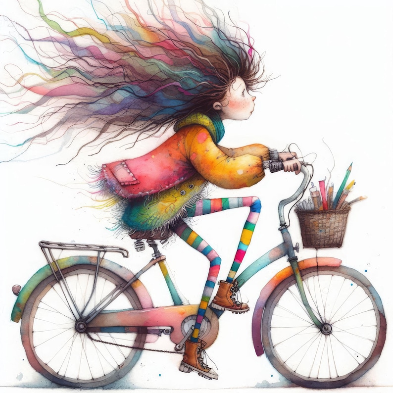 May include: A watercolor illustration of a girl with long, colorful hair riding a bicycle. She is wearing a colorful jacket and striped leggings. The bicycle has a basket filled with art supplies.