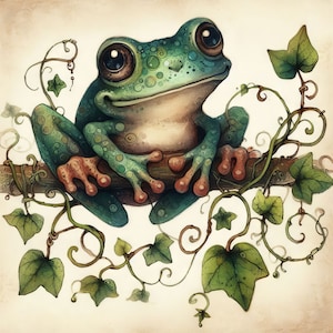Wunderliche Frosch Clip Art 10 hochauflösende JPGs in Aquarellfarben für Junk Journaling, Scrapbooking, Kartenherstellung, Digital Download Kit, Fantasy