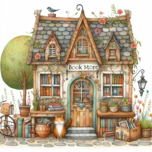 Grillige boekhandel illustraties 10 high-res aquarel jpg's ongewenste journaling, scrapbooking, kaarten maken, digitale kit eigenzinnige boekhandel, fantasie