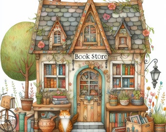Whimsical Book Store Clip Art 10 High Res Watercolor JPGs Junk Journaling, Scrapbooking, Card Making, Digital Kit Quirky Bookstore,Fantasy
