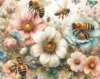 Honeybees and Flowers: 10 High Res Watercolor JPGs, Junk Journaling, Scrapbooking, Card Making, Digital Art, Vintage, Whimsical