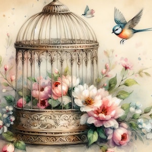 Pacote de Clip Art Vintage Bird Cage 10 JPGs de aquarela de alta resolução para diário de lixo, álbum de recortes, artesanato, download digital, fantasia, caprichoso