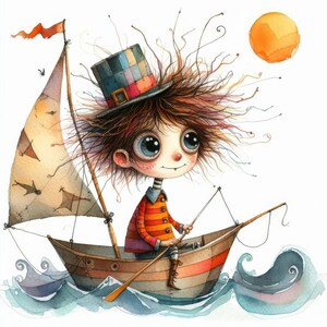 Op de afbeelding: Een grillige illustratie van een meisje met wild bruin haar dat een kleurrijke hoed draagt, zittend in een kleine zeilboot op een blauwe zee met witte golven. Het meisje houdt een hengel vast en er is een fel oranje zon in de lucht.