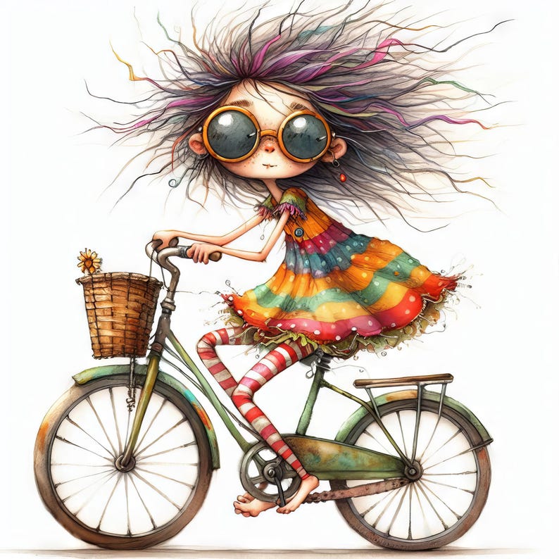 May include: A whimsical illustration of a girl with long, colorful hair riding a bicycle with a basket. She is wearing a colorful dress, striped tights, and round sunglasses.