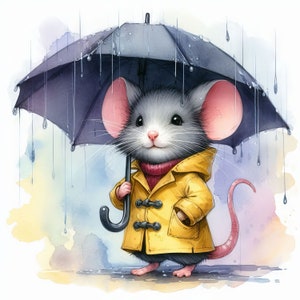 Clip art Souris sous la pluie 10 fichiers JPG aquarelle haute résolution pour la journalisation indésirable, scrapbooking, fabrication de cartes, téléchargement numérique, fantastique, fantaisiste