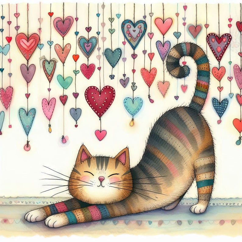 Peut inclure: Un chat rayé brun et noir avec une poitrine blanche s'étire sur un fond blanc. Le chat est entouré de cœurs colorés suspendus à des ficelles.