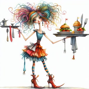 Puede incluir: Una ilustración caprichosa de una niña con el pelo arcoíris, que lleva un vestido colorido y zapatos rojos, equilibrando una bandeja con una hamburguesa, patatas fritas y otros alimentos.