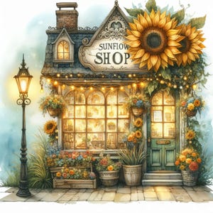 Pacote de clipart Sunflower Shop: 10 JPGs em aquarela de alta resolução para diário, scrapbook, artesanato, download digital, fantasia e capricho