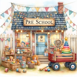 Preschool Shop 10 high-res aquarel jpg's ongewenste journaling, scrapbooking, kaarten maken, digitale downloadkit, fantasie, grillig