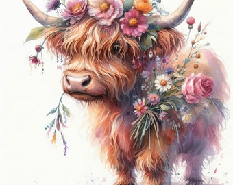 Highland Cow: Clip Art, 10 High Res Watercolor JPGs, Junk Journaling, Scrapbooking, Card Making, Digital Art, Fantasy, Whimsical